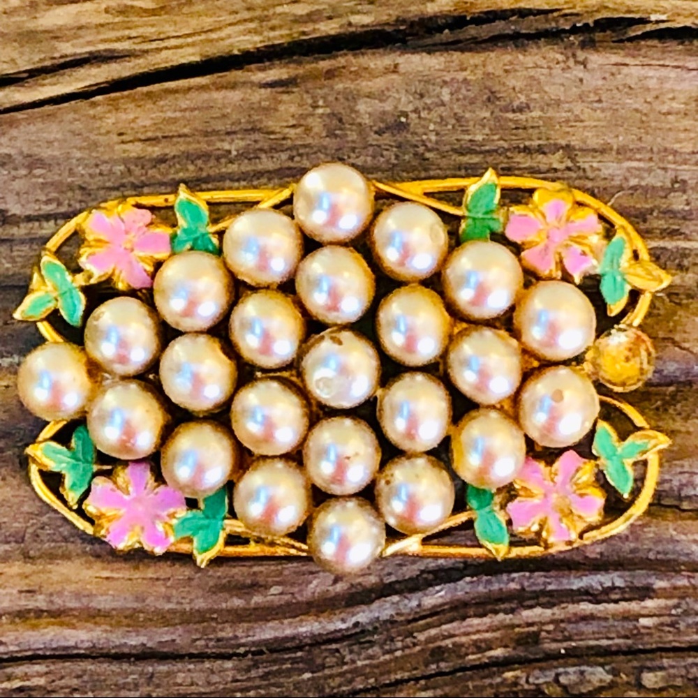 Art Nouveau Vintage Enamel Floral Faux Pearl Large Costume Pin Brooch